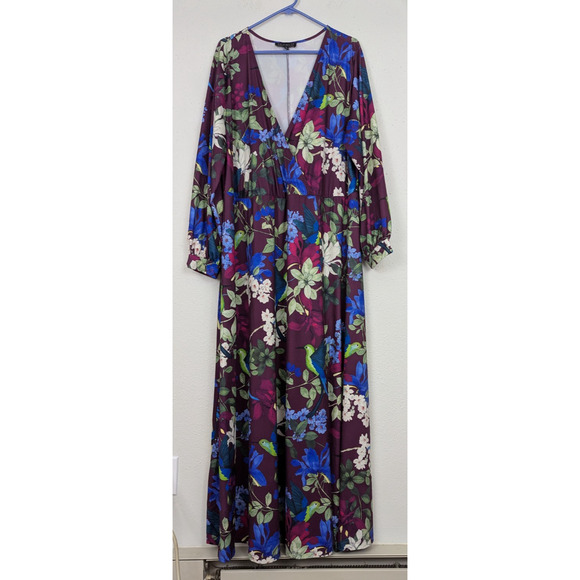 Eloquii sz 20 Faux Wrap Maxi length Dress bird floral print slinky ls 3133 - Picture 1 of 6
